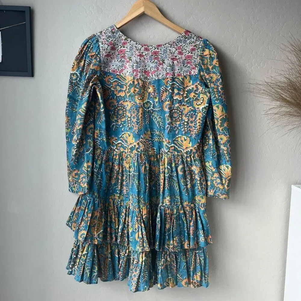 Alix of Bohemia Squash Blossom‎ Turquoise Print Tiered Mini Dress Size Small